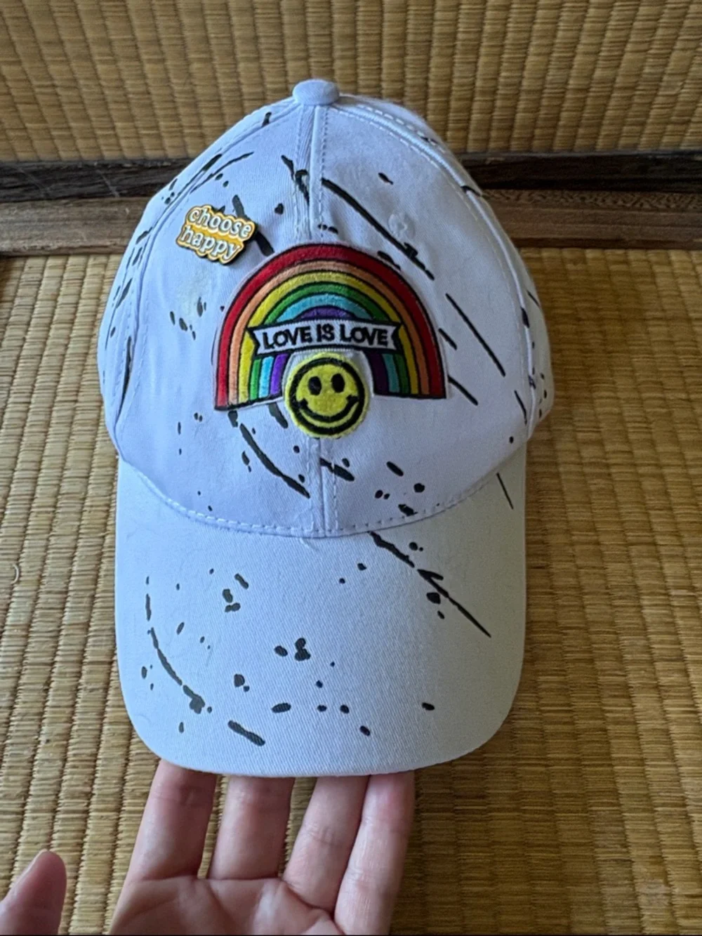 🌟 OOAK: Hand Crafted White Baseball Cap w/ 🌈'Love Is Love' Patch & Choose Happy
